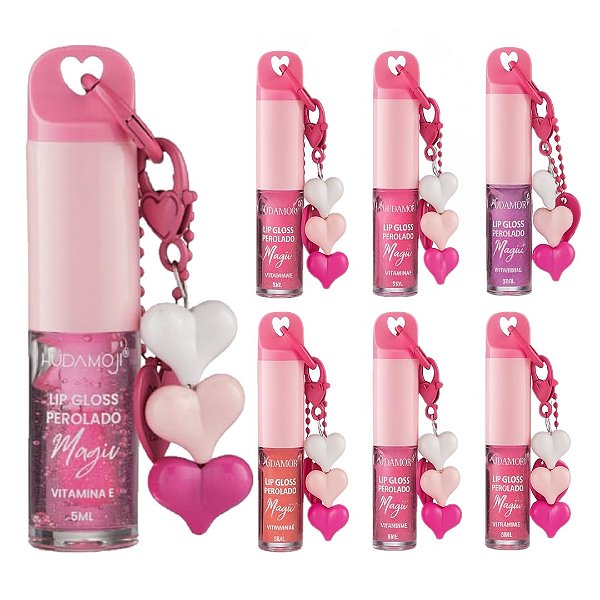 Hudamoji - Lip Gloss Perolado Coração e Chaveiro