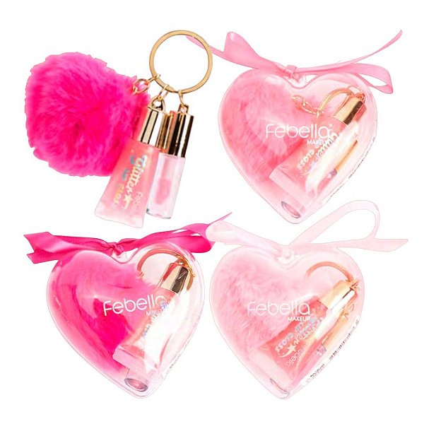 Febella - Kit Coração 02 Lip Gloss e Pompom - 03 Kits