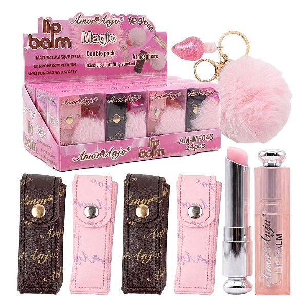 Amor e Anjo - Lip Balm com Lip Gloss Bolsinha e Chaveiro Pompom AMMF046 - 12 Und