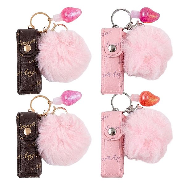 Amor e Anjo - Lip Balm com Lip Gloss Bolsinha e Chaveiro Pompom AMMF046 ( Validade: 04/2031 )
