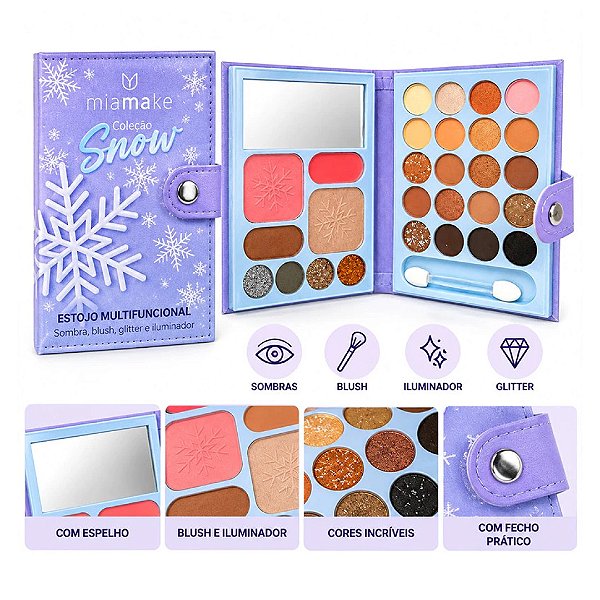 Mia Make - Estojo Multifuncional Sombras Glitter Blush e Iluminador Snow 631