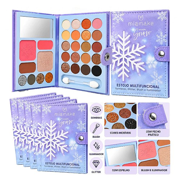 Mia Make - Estojo Multifuncional Sombras Glitter Blush e Iluminador Snow  631 - 06 Kits