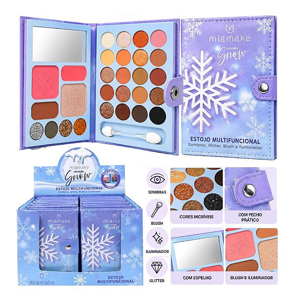 Mia Make - Estojo Multifuncional Sombras Glitter Blush e Iluminador Snow  631 - 12 Und