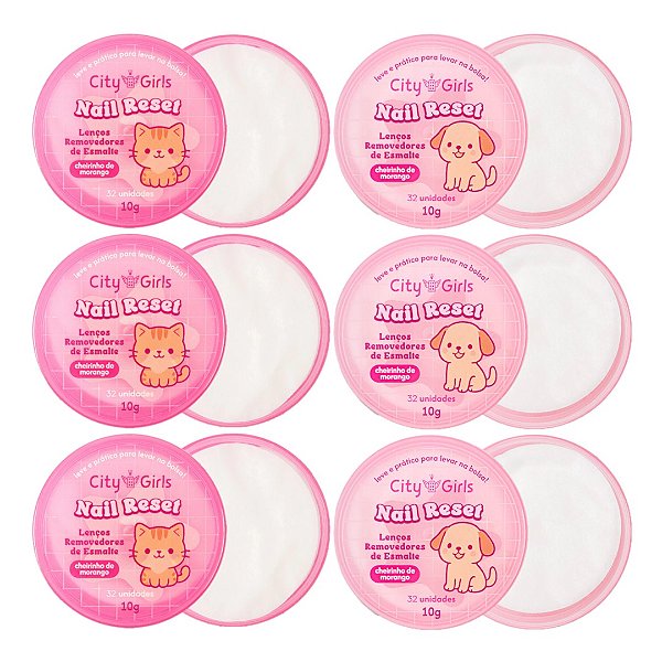 City Girls - 32 Lenço Removedor de Esmalte Sem Acetona Cheiro de Morango 32 Lenços - 06 Kits