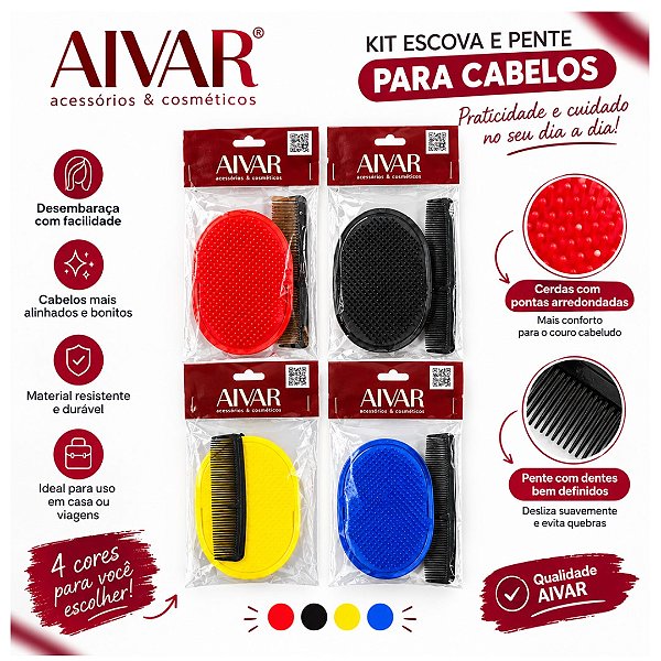 AIVAR - Kit 1 Escova Pata Oval + Pente Fortão AR013 - 04 Und