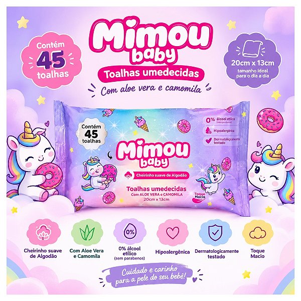 Face Beautiful - 45 Toalhas Inafntil Hipoalergenicas Mimou Baby Unicórnio FBMI004