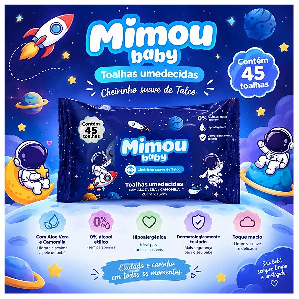 Face Beautiful - 45 Toalhas Infantil Hipoalergenica Mimou Baby Astronauta FBMI005