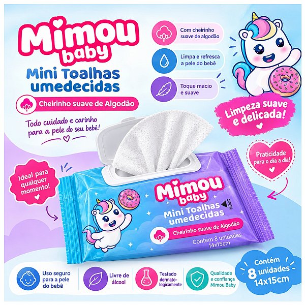 Face Beautiful - 8 Mini Lenço Infantil Hipoalergenico Mimou Baby Unicórnio - 01 Pacote