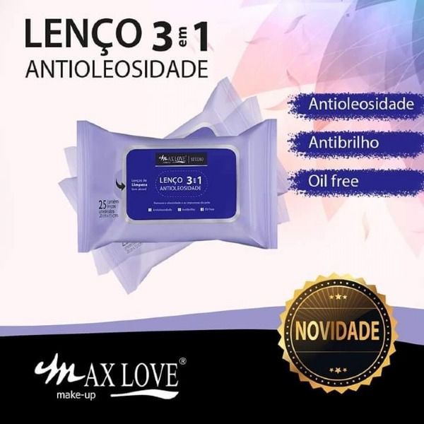 Max Love - Lenço Demaquilante  Antioleosidade 3 em 1  - Kit com 12 Pacotes (Roxo)