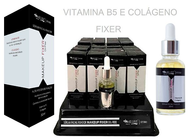 Max Love - Serum Facial HIdratante Antioleosidade com Vitamina B5 e Colágeno Fixer - Display com 24 Unid + Prov