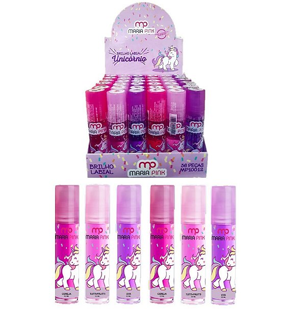 Maria Pink - Brilho Labial Unicornio Frutas   MP10012 - Kit com 36 Unidades