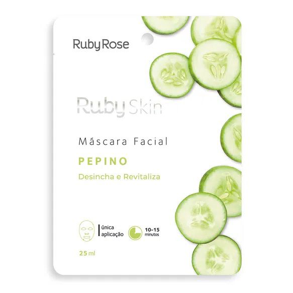 Ruby Rose - Máscara Facial de Tecido Pepino Desincha e Revitaliza HB702 - Kit C/ 24 unid