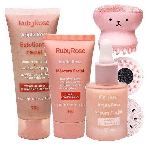 Ruby Rose - Kit Cuidado Facial Argila Rosa  - Mascara+Esfoliante Argila Rosa+Serum Rosa+Esponja Polvo