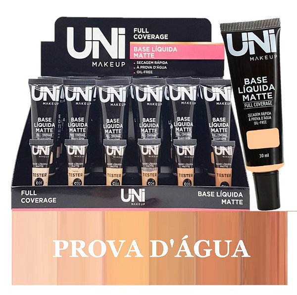 Uni Makeup  - Base Liquida Matte a Prova Dagua Full Coverage - Box C/24 Unid