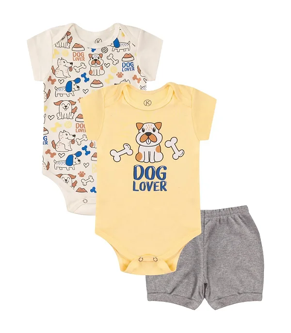 CONJUNTO 3 PEÇAS BODY E SHORT AMARELO E CINZA CACHORRINHO