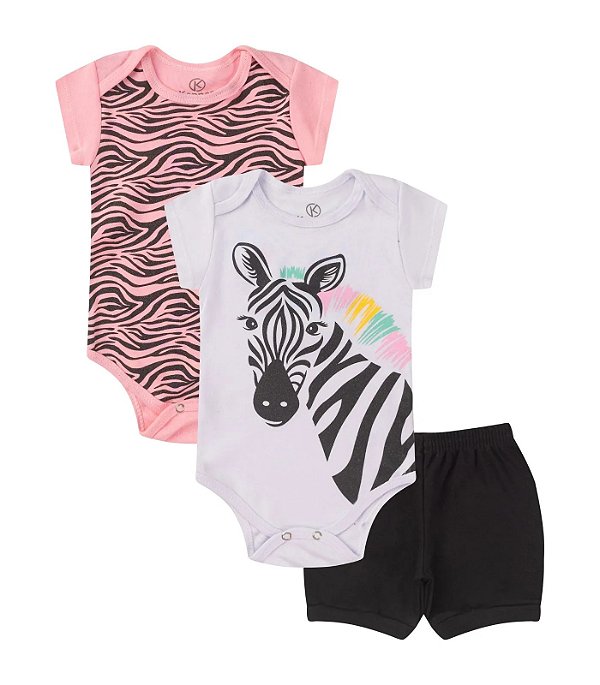CONJUNTO 3 PEÇAS BODY E SHORT ROSA E PRETO ZEBRINHA
