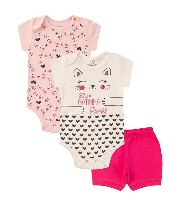 CONJUNTO 3 PEÇAS BODY E SHORT ROSA E PINK GATINHA