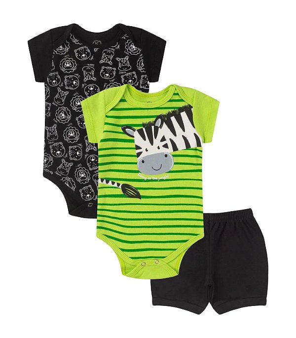 CONJUNTO 3 PEÇAS BODY E SHORT PRETO E VERDE ZEBRINHA