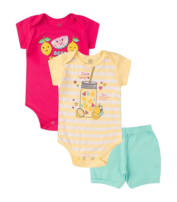 CONJUNTO 3 PEÇAS BODY E SHORT PINK E AMARELO FRUTINHAS