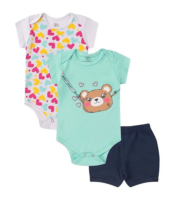 CONJUNTO 3 PEÇAS BODY E SHORT CORAÇÕEZINHOS URSINHA