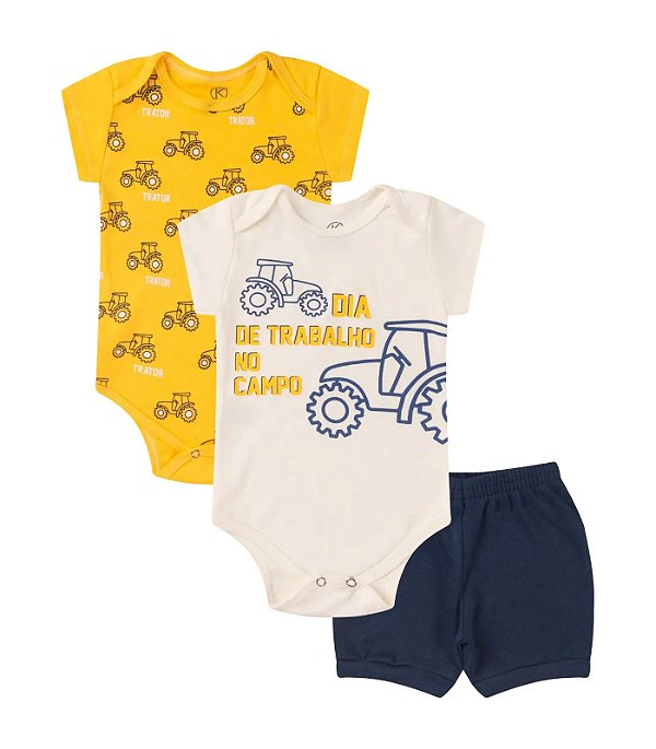 CONJUNTO 3 PEÇAS BODY E SHORT AMARELO E MARINHO TRATOR