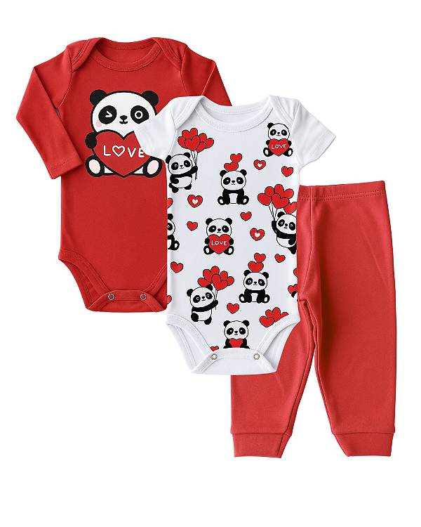 CONJUNTO 3 PEÇAS BODY E CALÇA VERMELHO E BRANCO PANDA