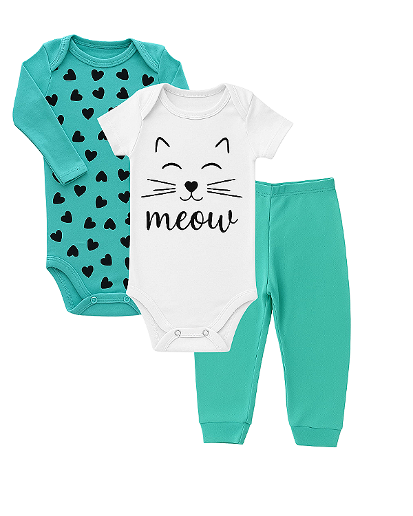 CONJUNTO 3 PEÇAS BODY E CALÇA VERDE E BRANCO GATINHA