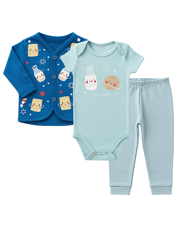 CONJUNTO 3 PEÇAS BODY E CALÇA AZUL ROYAL E AZUL CLARO LOVE MILK #Desconto progressivo