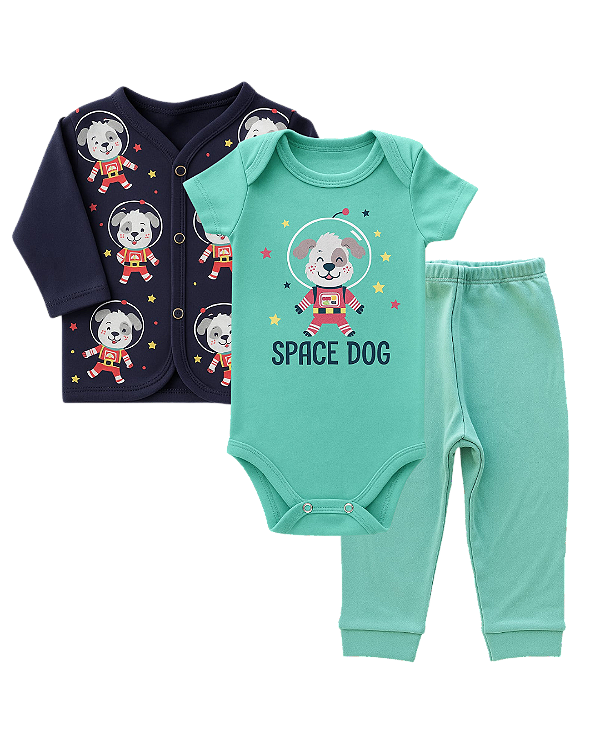 CONJUNTO 3 PEÇAS BODY E CALÇA AZUL MARINHO E VERDE SPACE DOG #Desconto progressivo