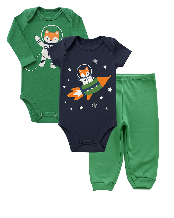 CONJUNTO 3 PEÇAS BODY E CALÇA AZUL MARINHO E VERDE RAPOSA ESPACIAL