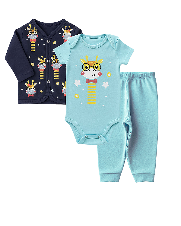 CONJUNTO 3 PEÇAS BODY E CALÇA AZUL MARINHO E AZUL CLARO GIRAFA #Desconto progressivo