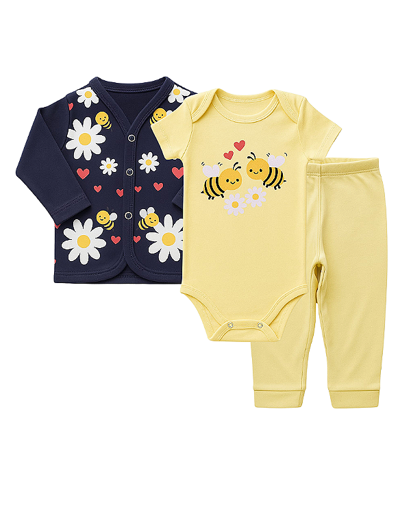 CONJUNTO 3 PEÇAS BODY E CALÇA AZUL MARINHO E AMARELO ABELHINHA FLORIDA #Desconto progressivo