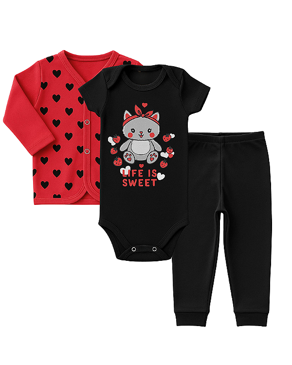 CONJUNTO 3 PEÇAS BODY E CALÇA VERMELHO E PRETO GATINHA #Desconto progressivo