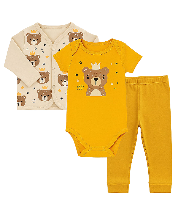 CONJUNTO 3 PEÇAS BODY E CALÇA AZUL MARINHO E MOSTARDA URSO REI #Desconto progressivo