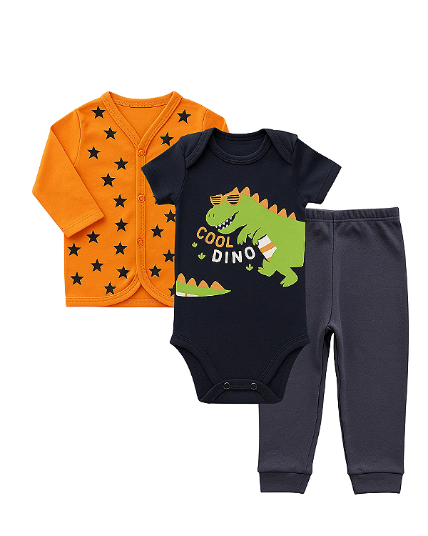 CONJUNTO 3 PEÇAS BODY E CALÇA AZUL MARINHO E LARANJA DINOSSAURO COM ESTRELINHAS #Desconto progressivo