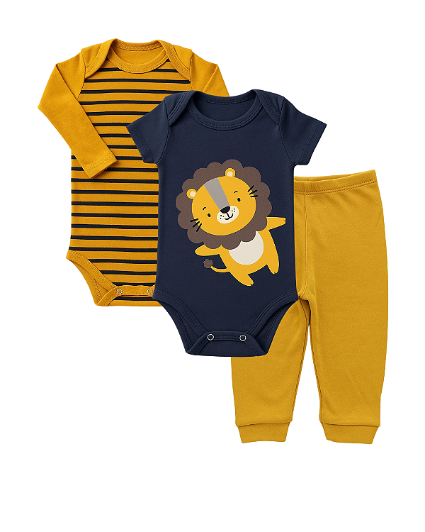 CONJUNTO 3 PEÇAS BODY E CALÇA AZUL MARINHO E MOSTARDA LEÃO