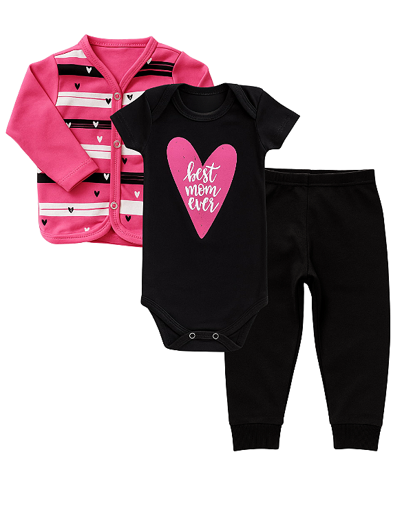 CONJUNTO 3 PEÇAS BODY E CALÇA PINK E PRETO CORAÇÃO #Desconto progressivo