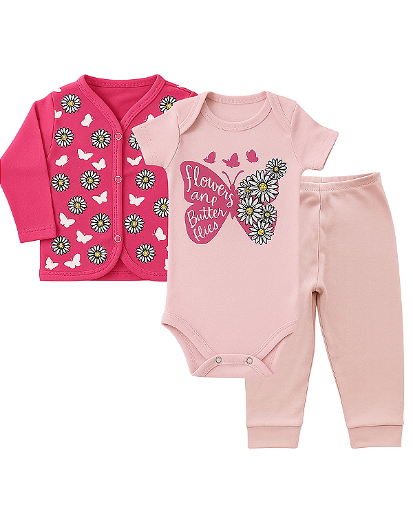 CONJUNTO 3 PEÇAS BODY E CALÇA PINK E ROSA FLORES E BORBOLETAS #Desconto progressivo