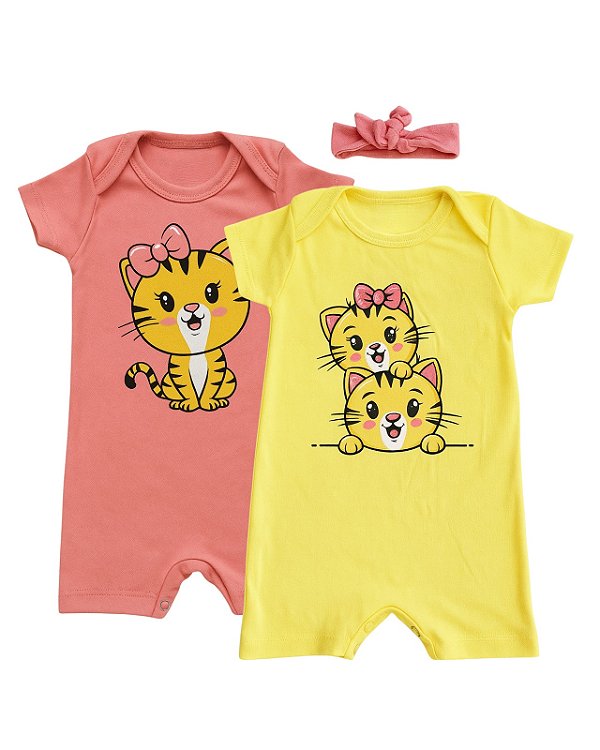KIT ROMPER 2 PEÇAS SALMOM E AMARELO GATINHA