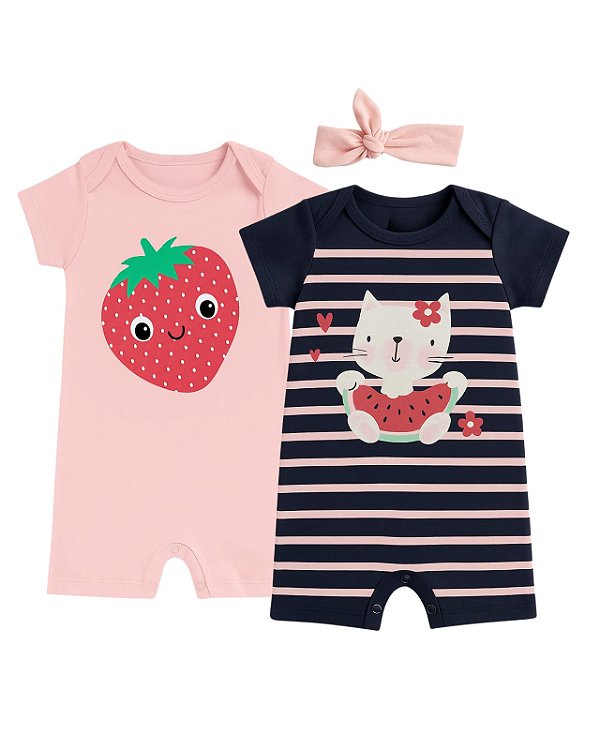 KIT ROMPER 2 PEÇAS ROSA E AZUL MARINHO MORANGO
