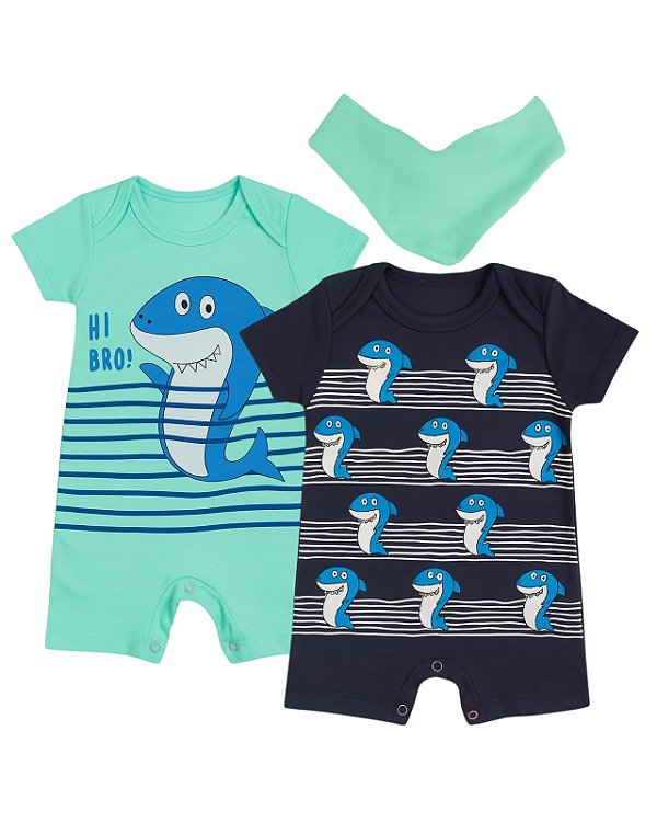 KIT ROMPER 2 PEÇAS VERDE E AZUL MARINHO TUBARÃO