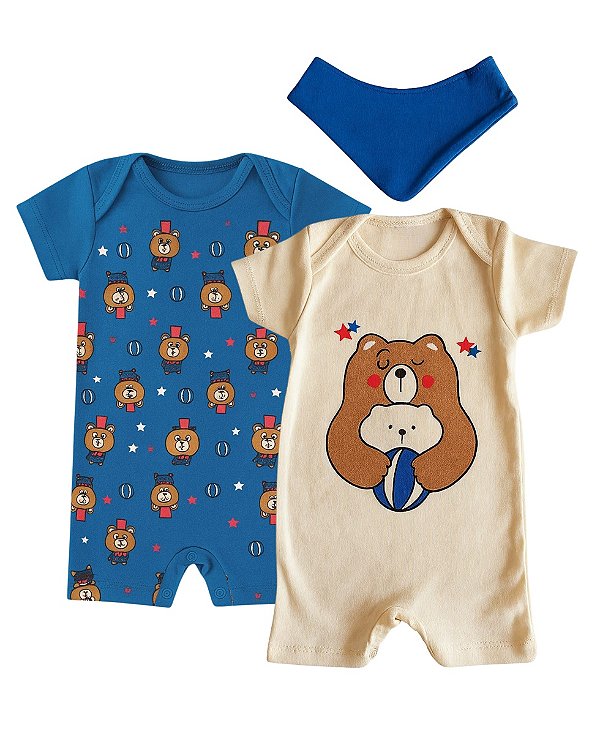 KIT ROMPER 2 PEÇAS AZUL E CREME URSINHO