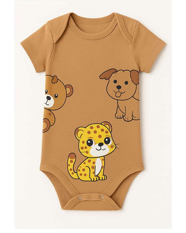 BODY MANGA CURTA MARROM ONCINHA AMARELA