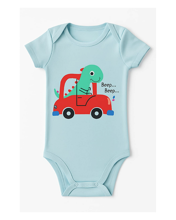 BODY MANGA CURTA AZUL DINOSSAURO NO CARRO