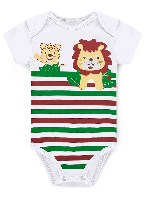 BODY MANGA CURTA BRANCO LISTRADO LEÃO E TIGRE