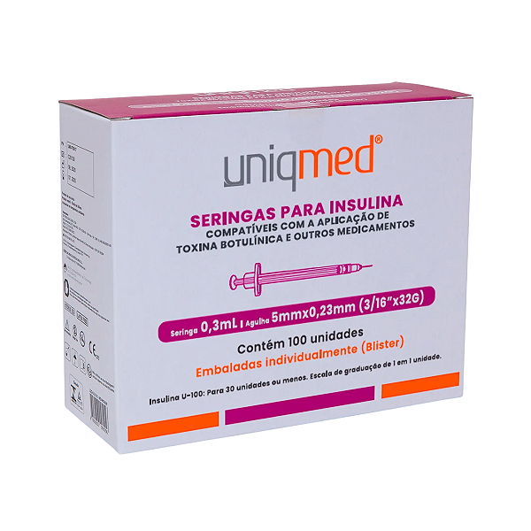 SERINGAS PARA INSULINA 0,3ML 5MM X 32G - 100UND - UNIQMED