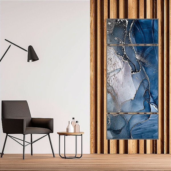 ENVIO IMEDIATO - Conjunto com 03 quadros decorativos Abstrato Azul e Prata 60x80cm e 60x30cm (LxA) Moldura cor Prata