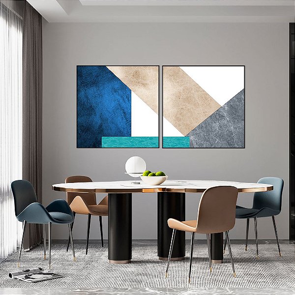Conjunto com 02 quadros decorativos Geométricos Azul e Turquesa - Artista Uillian Rius