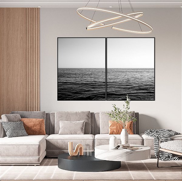Conjunto com 02 quadros decorativos Mar em Preto e Branco