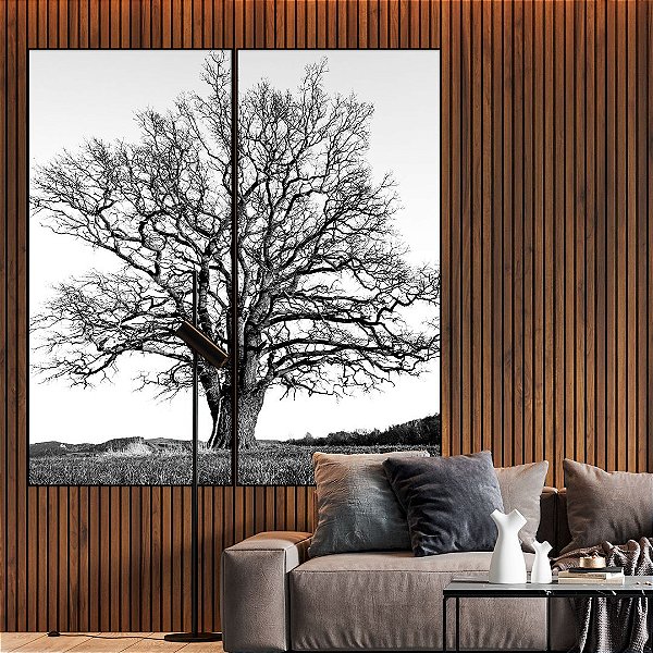 Conjunto com 02 Quadros Decorativos Árvore em Preto e Branco